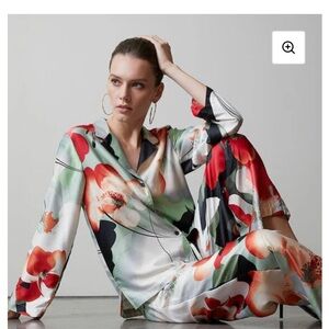 Natori Exotic Poppy Mandarin Notch Collar Satin Pajama Set Size XL